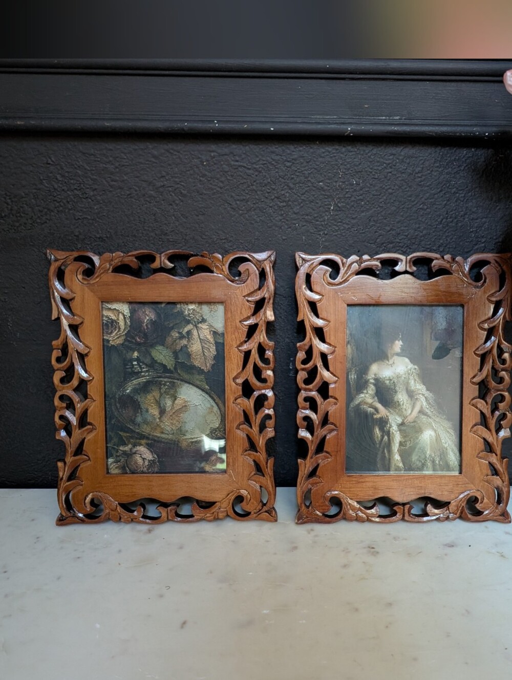 Vintage, Set of 2,  Dark Walnut Ornate Carved Wood Mix Frames, Victorian Style